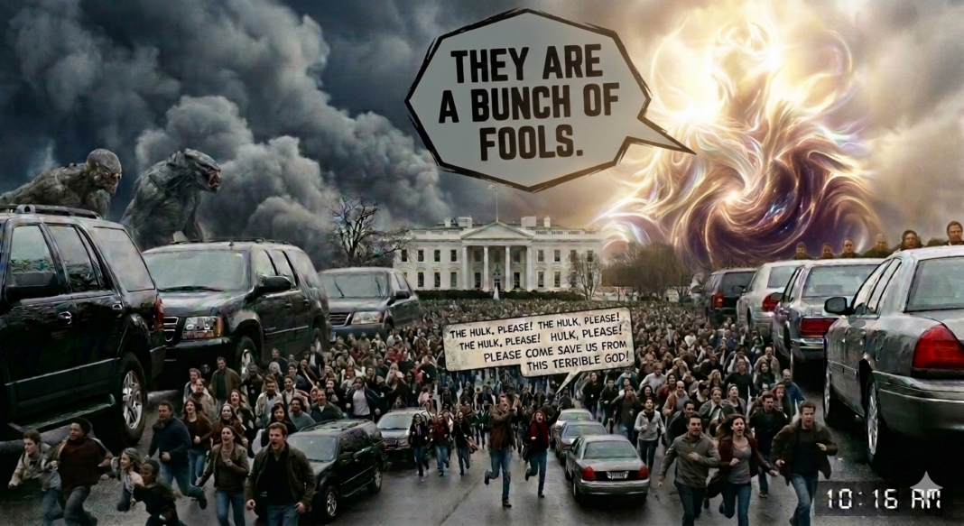5/31/26 VISION: PEOPLE ON THE STREET RUNNING BEHIND CARS, FROM SOMETHING HIGH UP IN THE AIR, SAYING, “THE HULK, PLEASE! THE HULK, PLEASE!”, I CAN’T SEE WHO THEY’RE RUNNING FROM, THREAT! 10:16AM, A GARGANTUAN THREAT! THEY’RE BEGGING GOD, IN THE WHITE HOUSE! A TERRIBLE GOD! “PLEASE COME SAVE US FROM THIS TERRIBLE GOD!”,UTTER SILENCE! 10:17AM, A BUNCH OF FOOLS! TERROR, LIKE NO OTHER! COMPLETE BOMBASTIC TERROR! A NEW WAVE OF HUSTLE! THEY’RE FABRICATING STORIES TO TELL GOD! COME AND RESCUE THEM! THEY’RE CAUGHT WITH THEIR PANTS DOWN! CAUGHT CHEATING WITH THEIR PANTS DOWN! NOW THEY’RE CONTEMPLATING JUMPING OUT THE WINDOW! 10:21AM, A DESPERADO AFFAIR! AARON PRICE ON EVERYBODY’S LIPS! A HULK FIGURE GONE WILD! STRAIGHT OUT THE MOVIES! INCALCULABLE TERROR!
