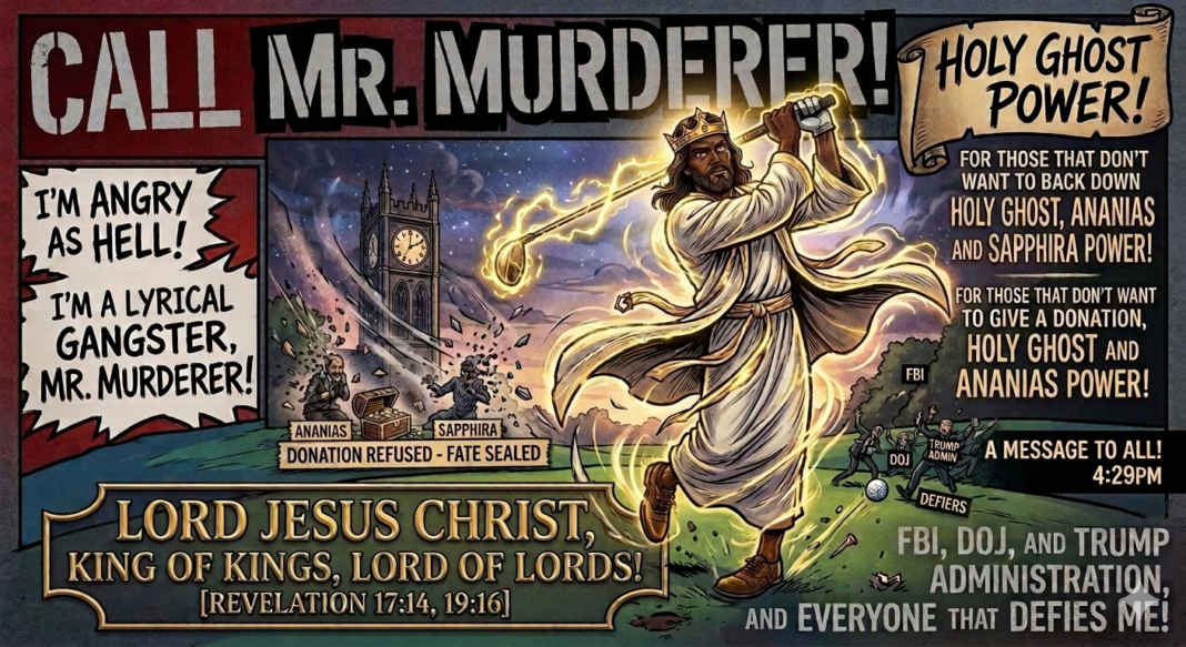 CALL ME MR. MURDERER! I’M THAT LYRICAL GANGSTA! MURDERER! I’M ANGRY AS HELL! HOLY GHOST POWER! LYRICAL GANGSTA FOR THOSE THAT DON’T WANT TO BACK DOWN, HOLY GHOST ANANIAS AND SAPPHIRA’S POWER! FOR THOSE THAT DON’T WANT TO GIVE A DONATION, HOLY GHOST AND ANANIAS AND SAPPHIRA’S POWER, SAID THE LORD JESUS CHRIST KING OF KINGS LORD OF LORDS! TO DOJ, FBI, CIA, TRUMP ADMINISTRATION AND EVERYONE THAT DEFIES ME!