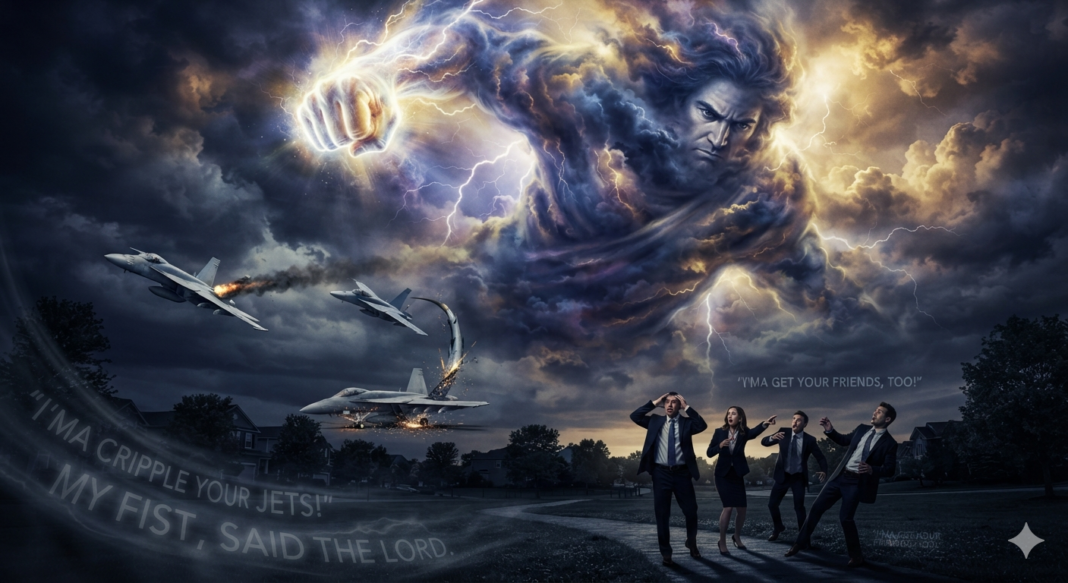 7/24/26 11:16 AM, I’MA CRIPPLE YOUR JETS! VISION, I SEE THE LORD WINDING UP HIS ARM LIKE HE’S TRYING TO HE’S ABOUT TO DEVELOP A REAL BAD BLOW A REAL DEADLY BLOW! AN INCONGRUENT MONSTER, ONE THAT YOU CAN’T MEASURE! MY FIST, SAID THE LORD! I’MA TO GET YOUR FRIENDS, TOO! THE ONES THAT SAY BEHIND YOUR BACK YOU’RE STUPID AS HELL! AND LAUGH! A THRESHOLD LIKE NO OTHER! CRICKETS WHILE YOU SLEEP! BAD NEWS FOR AARON, NO BAD NEWS FOR YOU! I’MA CRIPPLE YOUR JETS, SAID THE ALMIGHTY GOD LORD JESUS CHRIST!