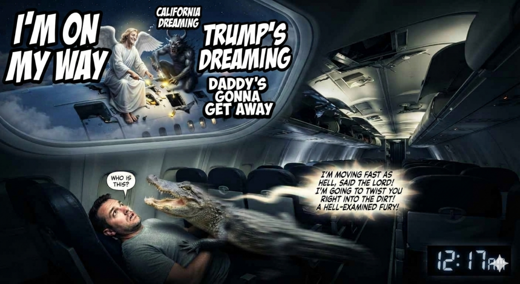7-23-26 VISION: FRONT OF A PLANE, ANGELS AND MONSTERS TAKING BOLTS RIGHT OUT OF THE TOP OF THE PLANE LOOSE AS IT FLIES, SINGING LIKE THE MAMA’S AND THE PAPAS AS THEY DO IT, “YOU KNOW THE PREACHER LIKE TO CALL, I’M ON MY WAY”,”CALIFORNIA DREAMING, TRUMP’S DREAMING, DADDY’S GONNA GET AWAY”,VISION: SOMEBODY LAYING ON THE FLOOR OF THE PLANE, LOOKING UP SAYING, “WHO IS THIS?”, ALLIGATOR OR SOMETHING JUST JUMPS ON TOP OF HIM, WRESTLES AND TWISTS WITH HIM UNDER THE LEFT SEATS, AS YOU FACE THE BACK OF THE PLANE, ALLIGATOR MOVING LIGHTNING FAST LIKE A BLUR, I’M MOVING FAST AS HELL, SAID THE LORD! I’M GOING TO TWIST YOU RIGHT INTO THE DIRT! A HELL-EXAMINED FURY! 12:17AM, 12:10AM, A DEMOCRATIC NIGHTMARE! A REPUBLICAN SUIT IN THE SAME PLANE CRASH! I HATE YOU BOTH, SAID THE LORD! A SYMBOL FOR SOMETHING ELSE! BUT YOU SO SMART, AIN’T YOU?